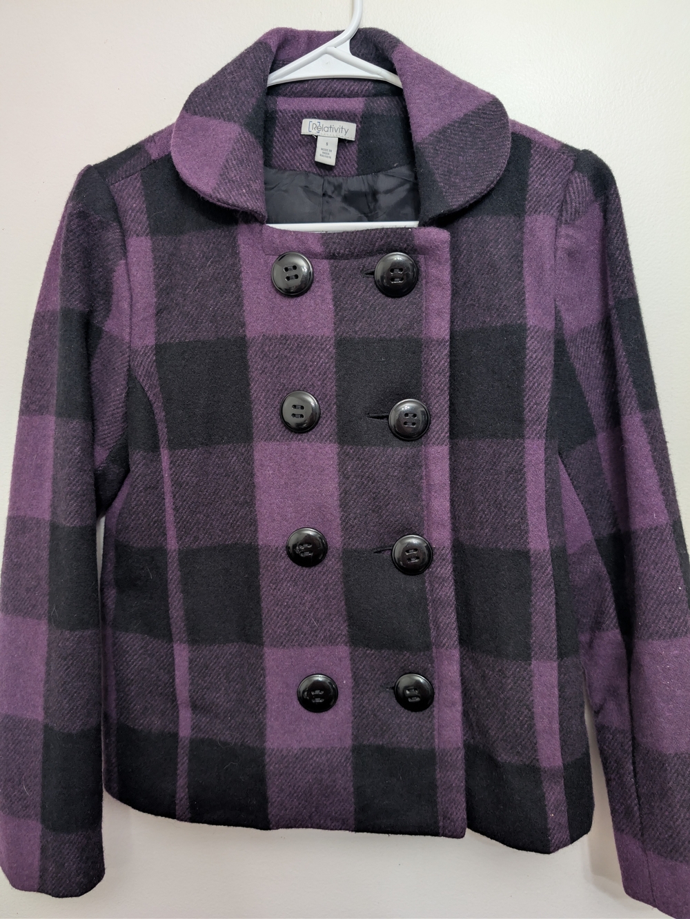Relativity Wool Blend Plaid Double-Breasted Cropped Peacoat Size Small